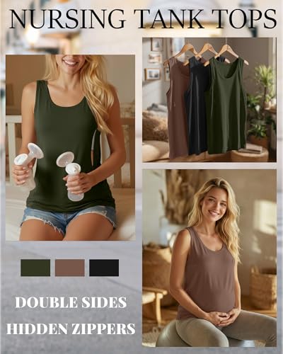 Ficerd 3 Pack Women's Nursing Tank Tops - color: Black, Mocha, Army Green, size: X-Large
