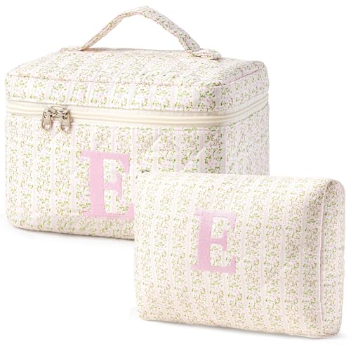 HBselect 2Pcs Initial Makeup Bag Personalized Quilted Cosmetic Bag - color: 2Pcs Pinkflower, style: E
