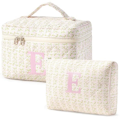 HBselect 2Pcs Initial Makeup Bag Personalized Quilted Cosmetic Bag - color: 2Pcs Pinkflower, style: E