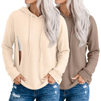 Ficerd 2 Pack Women's Nursing Waffle Hoodies Breastfeeding Tops - color: Cream, Coffee, size: Small