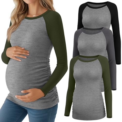 Neer 3 Pack Maternity Long Sleeve Shirts Ribbed Pregnancy Tops - color: Black, Dark Gray, Army Green, size: Large