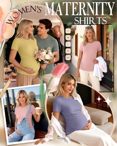 Ficerd 3 Pack Women's Short Sleeve Maternity Shirts - color: Lavender Purple, Light Pink, Bright Yellow, size: Medium