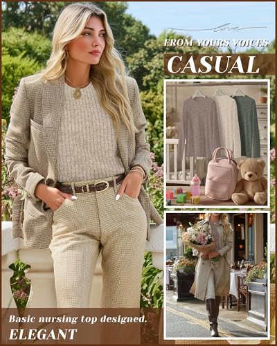 3 Pack Maternity Nursing Ribbed Long Sleeve Tops - color: Army Green, Apricot, Coffee, size: Medium