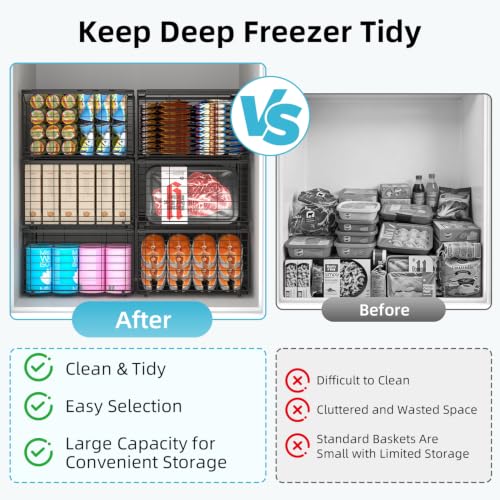 Freezer Organizer Bins,6 Pack Large Deep Freezer Organizer Bins for 5/7/10 Cu.FT Deep Freezer,Easy Access,Stackable & Sturdy,Black - size: 6