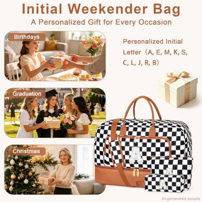 TIBES Gift for Her, Weekender Bag for Women Initial Travel Duffle Bag - color: Black & White Checkerboard, style: B