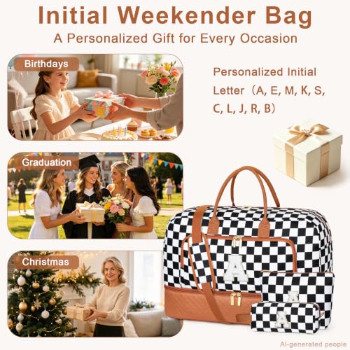 TIBES Gift for Her, Weekender Bag for Women Initial Travel Duffle Bag - color: Black & White Checkerboard, style: L