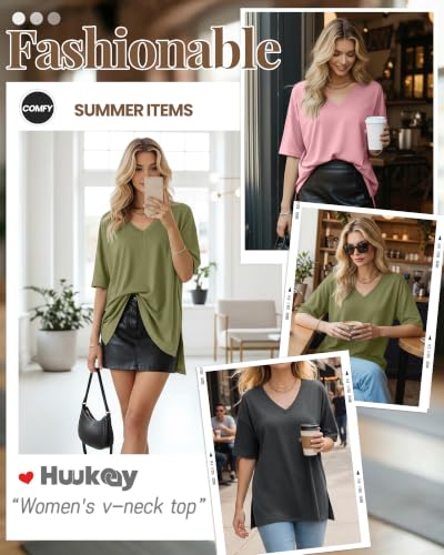 Huukeay 3 Pack Oversized Shirts for Women V Neck - color: Dark Gray, Rose Pink, Grass Green, size: Medium