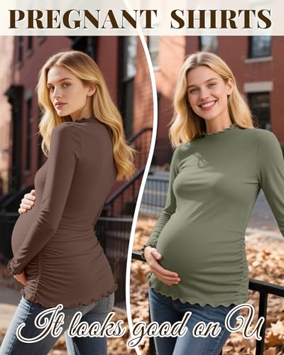4 Pack Women Maternity Side Ruched Long Sleeve Shirts - color: Gray Green, Brown, White, Black, size: Medium