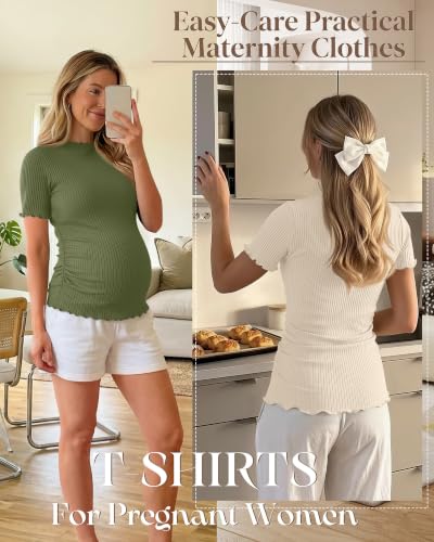 3 Pack Women's Ribbed Maternity Tops - color: Ginger Yellow, Sage Green, Apricot, size: Small