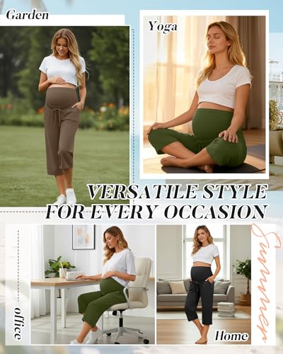 3 Pack Maternity Capri Pants - color: Black, Army Green, Coffee, size: Medium