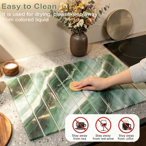 Dish Drying Mat for Kitchen Counter Marble Diatomite Cyan Foldable