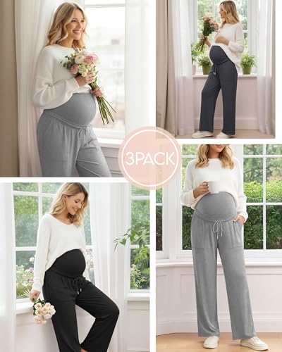 3 Pack Women's Maternity Casual Pants - color: Light Heather Gray, Dark Heather Gray, Black, size: Large