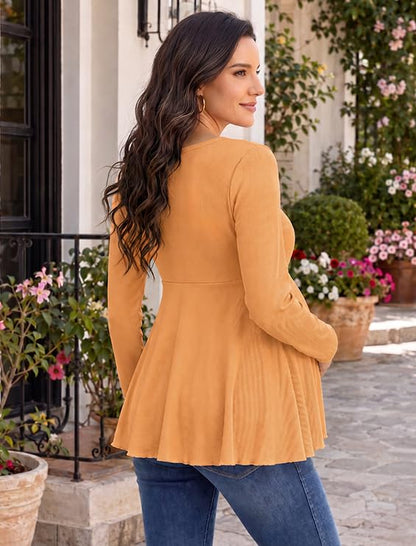 Genhoo Womens Long Sleeve Maternity Tops Ribbed V Neck Maternity Shirts - color: Caramel, size: Large