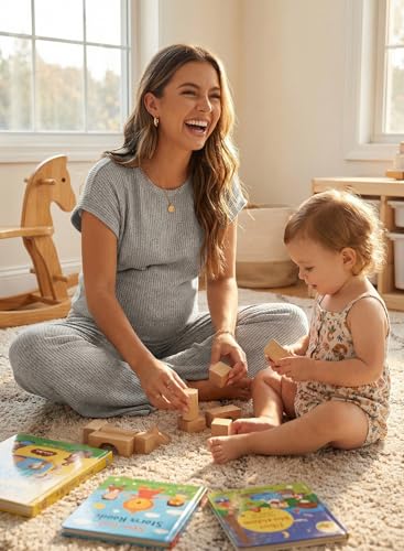 BLENCOT Maternity Sets Summer Ribbed Knit Pajamas Outfits - color: Gray, size: Medium