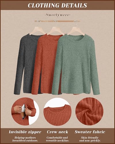 3 Pack Maternity Nursing Ribbed Long Sleeve Tops - color: Dark Gray, Green, Caramel, size: Medium