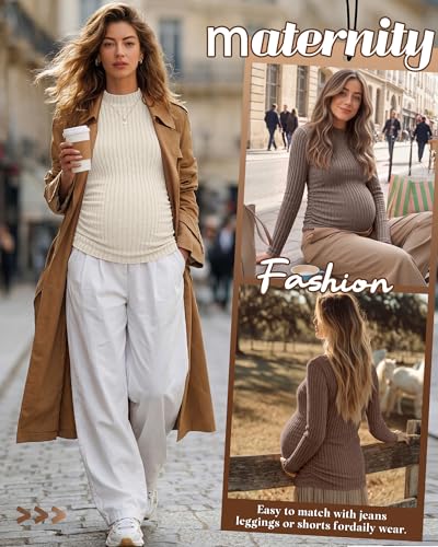 Neer 3 Pack Women's Maternity Mock Turtleneck Long Sleeve Tops - color: Apricot, Coffee, Brown, size: Small