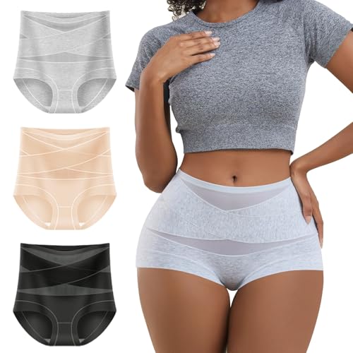 Womens Cotton Underwear High Waisted Panties Full Coverage Boxer Briefs - color: Gray,nude,black, size: Large