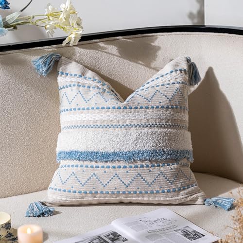BlissBlush 18X18 Throw Pillow Cover, Coastal Blue Square Decorative Cushion Cover, Boho Accent Pillowcase with Tassels for Couch Sofa Living Room (Cover Only) - color: Blue, size: 18" x 18" (Pack of 1)