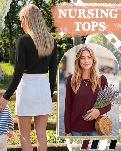 4 Pack Nursing Breastfeeding Tops with Hidden Zipper - color: Dark Blue, Wine Red, White, Black, size: Medium