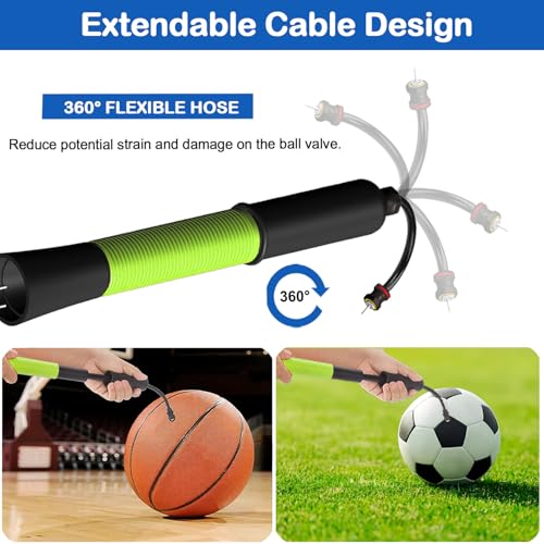 Ball Pump with Needle Storage, 5 Needles & Extension Hose for Sports Balls - color: Green