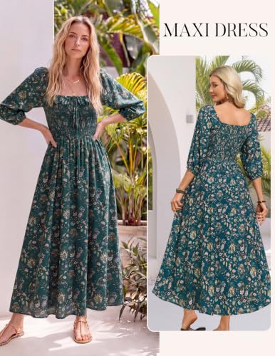 Kate Kasin Womens Summer Fall Boho Maxi Wedding Guest Dresses with Pockets - color: Emerald Green Floral, size: X-Large