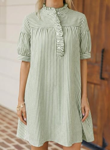 BLENCOT Summer Dresses for Women Puff Sleeve Striped Button Mini Dress - color: Green Stripe, size: Small