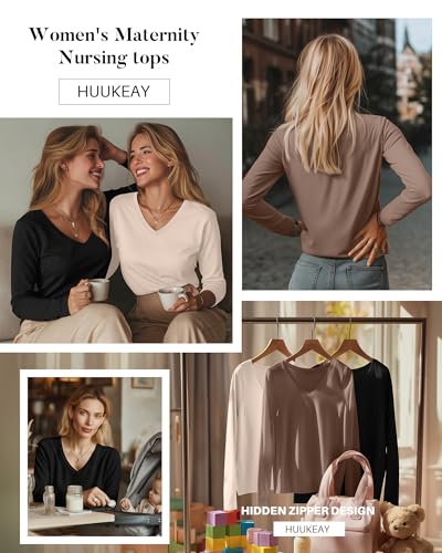 Huukeay 3 Pack Maternity Nursing Tops Breastfeeding Shirts - color: Black, Khaki, Cream, size: Medium