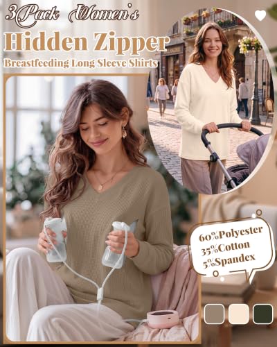 3 Pack Women's Waffle Knit Long Sleeve Nursing Tops - color: Coffee, Cream, Army Green, size: Medium