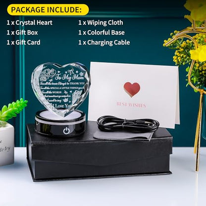 Mom Crystal Heart Keepsake with LED Base, Laser Engraved Love Message Gift - color: Mom Gift
