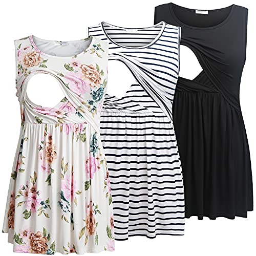 Bearsland Maternity Nursing Tank Tops - color: Black&white Stripe&white Flower, size: Large