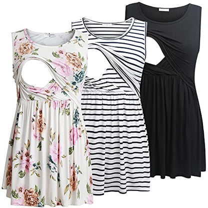 Bearsland Maternity Nursing Tank Tops - color: Black&white Stripe&white Flower, size: Medium