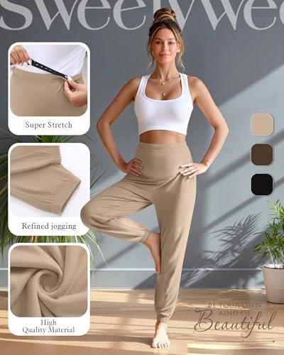 3 Pack Women's Maternity Jogger Pregnancy Sweatpants - color: Light Camel,brown, Black, size: XX-Large
