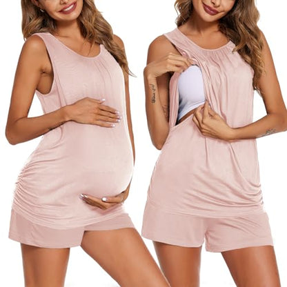 Ekouaer Nursing Pajamas Set Postpartum Tank Tops and Shorts - color: Pink, size: X-Large