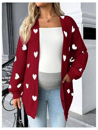 MakeMeChic Women's Maternity Heart Sweater Cardigan Fall Winter Clothes - color: Red, size: Small