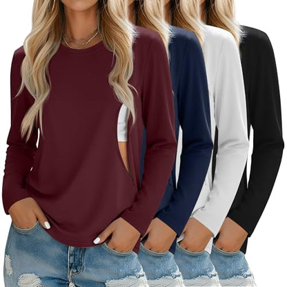 4 Pack Nursing Breastfeeding Tops with Hidden Zipper - color: Dark Blue, Wine Red, White, Black, size: Medium