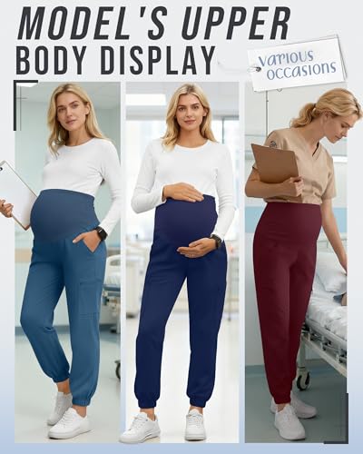 3 Pack Maternity Scrub Cargo Jogger Pants - color: Navy Blue, Blue Green, Wine Red, size: XX-Large