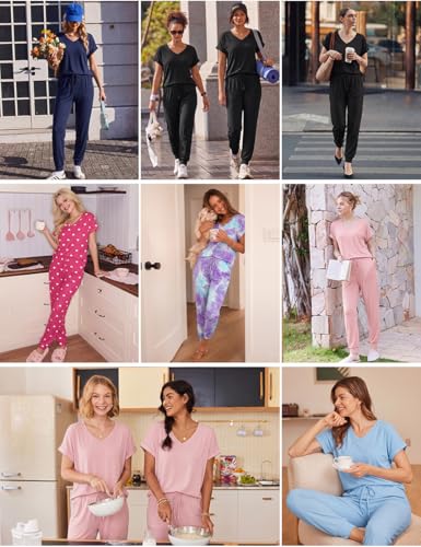Ekouaer Womens Pajama Sets 2 Piece Lounge Set Short Sleeve Jogger Pants Pjs - color: Black, size: X-Large
