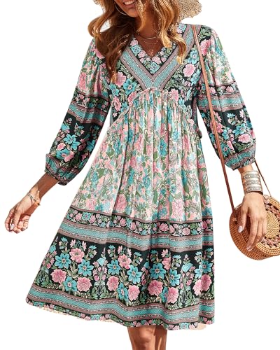 BTFBM Women's Casual Floral Long Sleeve Mini Dress - color: Floral Apricot, size: Small