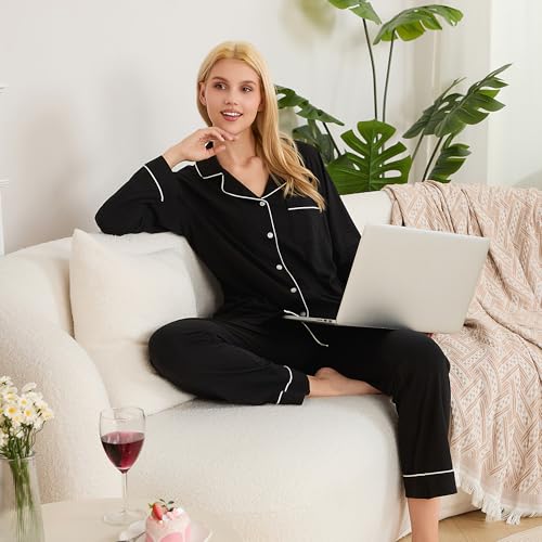LYCY Cotton Pajamas for Women Set Long Sleeve Lounge Button Up with Pockets - color: Black, size: Medium