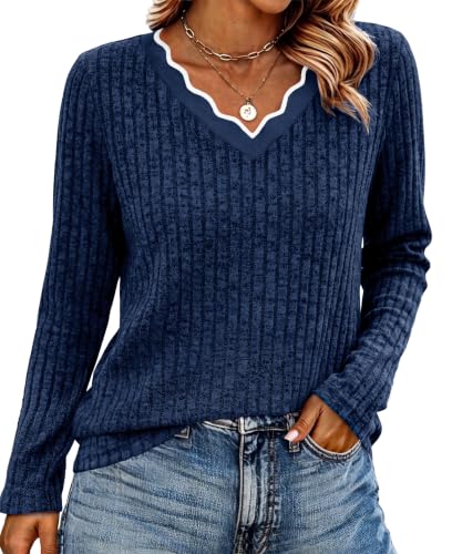WIHOLL Long Sleeve Womens Shirts Lightweight Fall Tunic Top V Neck Sweaters - color: 02-blue, size: Small