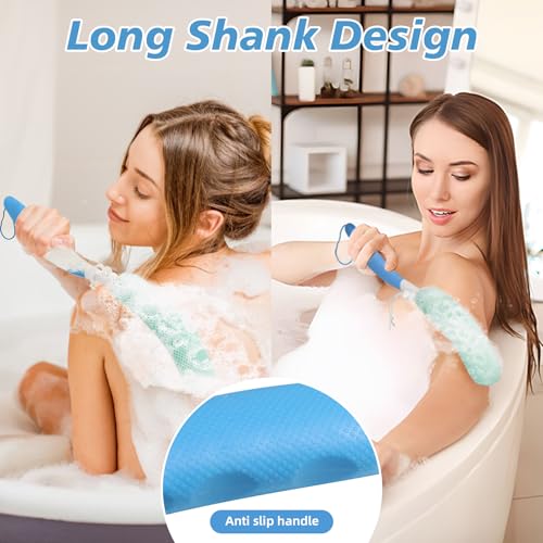 Back Scrubber for Shower,15.35"Curved Body Brush with Anti Slip Long Handle - size: Blue+Green Handle (Medium)