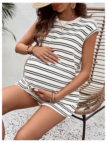 MakeMeChic Women Maternity Striped 2 Piece Short Sets - color: White, size: Large