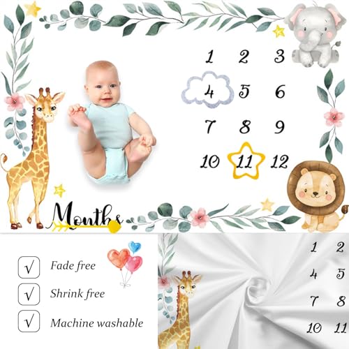 Jungle Animals Baby Monthly Milestone Blanket Flowers Plants Surrounded