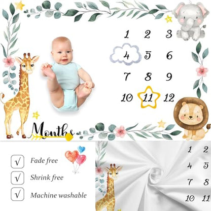 Jungle Animals Baby Monthly Milestone Blanket Flowers Plants Surrounded