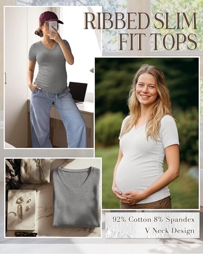 Neer 4 Pack Women's Maternity Shirts Short Sleeve - color: Black, Light Heather Gray, White, Light Blue, size: Small