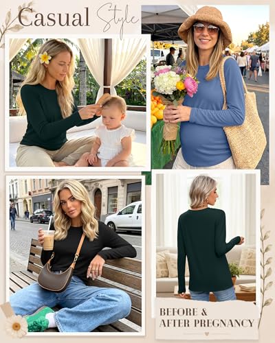 3 Pack Women Long Sleeve Maternity Nursing Tops - color: Black, Dark Green, Haze Blue, size: Medium