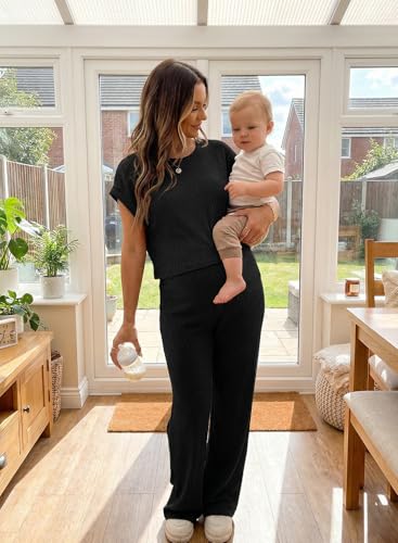 BLENCOT Maternity Sets Summer Ribbed Knit Pajamas Outfits - color: Black, size: Medium