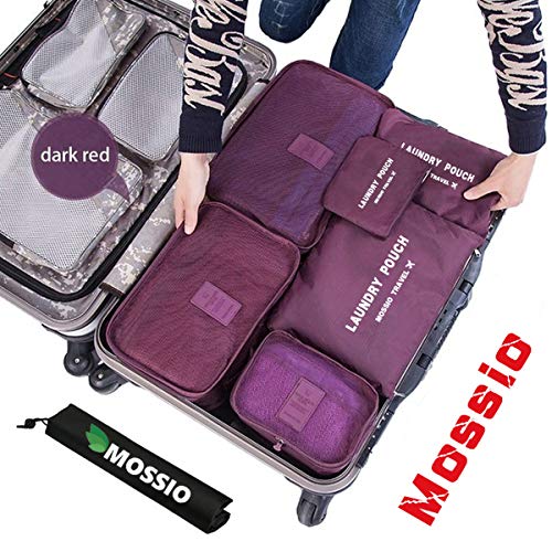 Mossio 7 Set Packing Cubes with Shoe Bag - Compression Travel Luggage Organizer - color: Wine Red