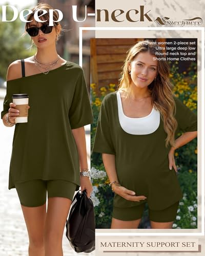 2 Piece Women Maternity Set Pregnancy Outfit - color: Army Green, size: X-Large