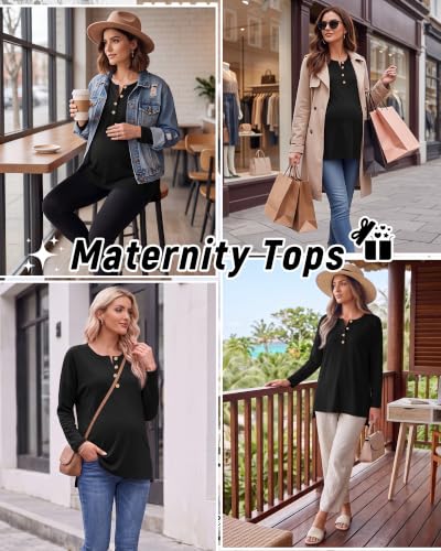 Ficerd Women Maternity Shirt Pregnant Long Sleeve Henley Top - color: Black, size: Large